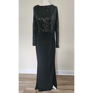 Ralph Lauren Women Evening Party Black Sequins Drapes Long Dress 12 XL Lined